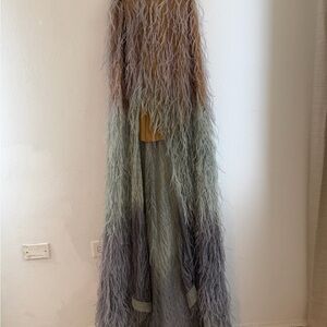 Chic Feathered Maxi Skirt in Tan and Gray